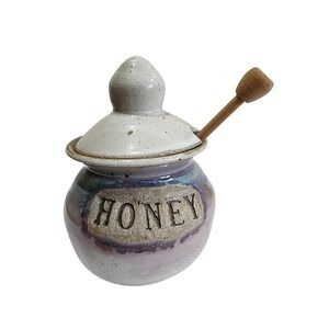 Studio Pottery Signed Honey Pot Jar Lid Wooden Dipper Handmade Ceramic Rustic
